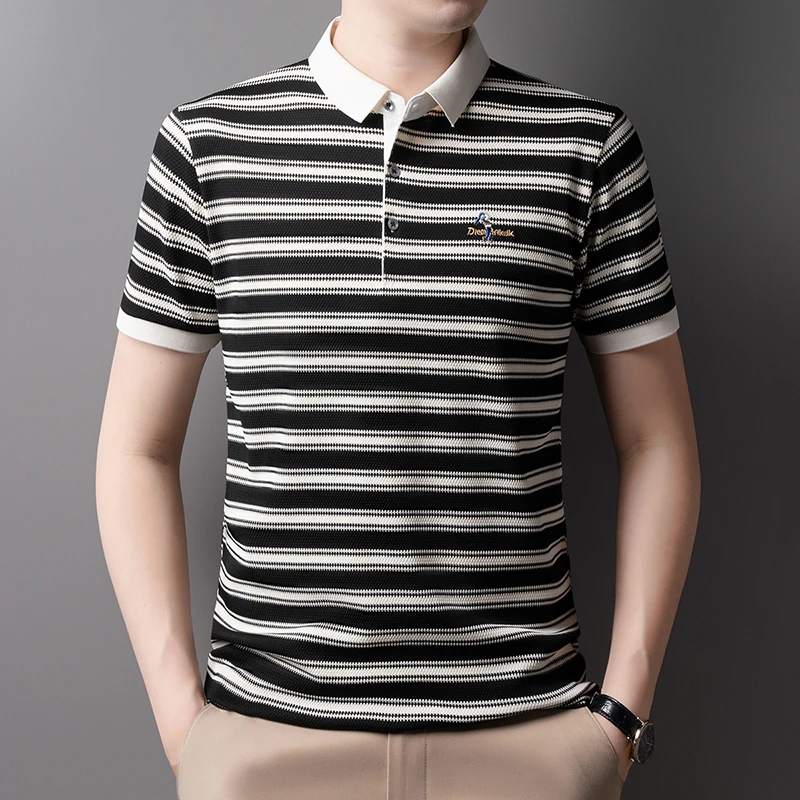 High Quality Men's Polo Shirt, Summer Striped Lapel Short Sleeved T-shirt, Loose Casual Top