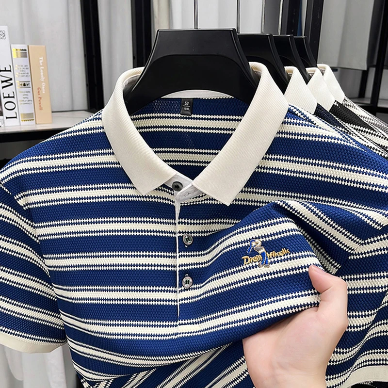 High Quality Men's Polo Shirt, Summer Striped Lapel Short Sleeved T-shirt, Loose Casual Top