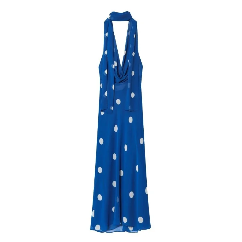 Women's Beach Dress Summer Blue Polka Dot Halter Neck Sash Ankle-Length Slim Fit Vacation Outfit