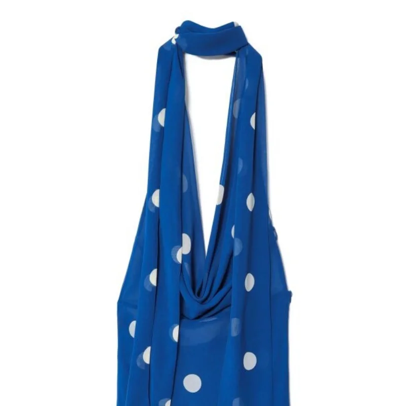 Women's Beach Dress Summer Blue Polka Dot Halter Neck Sash Ankle-Length Slim Fit Vacation Outfit