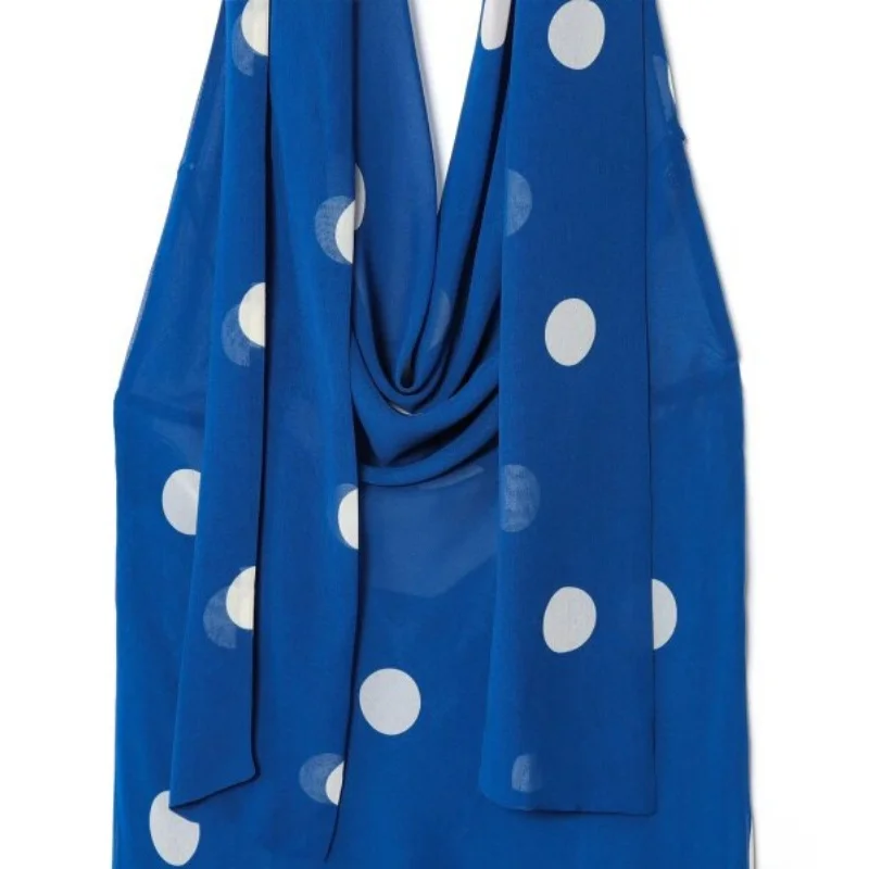 Women's Beach Dress Summer Blue Polka Dot Halter Neck Sash Ankle-Length Slim Fit Vacation Outfit