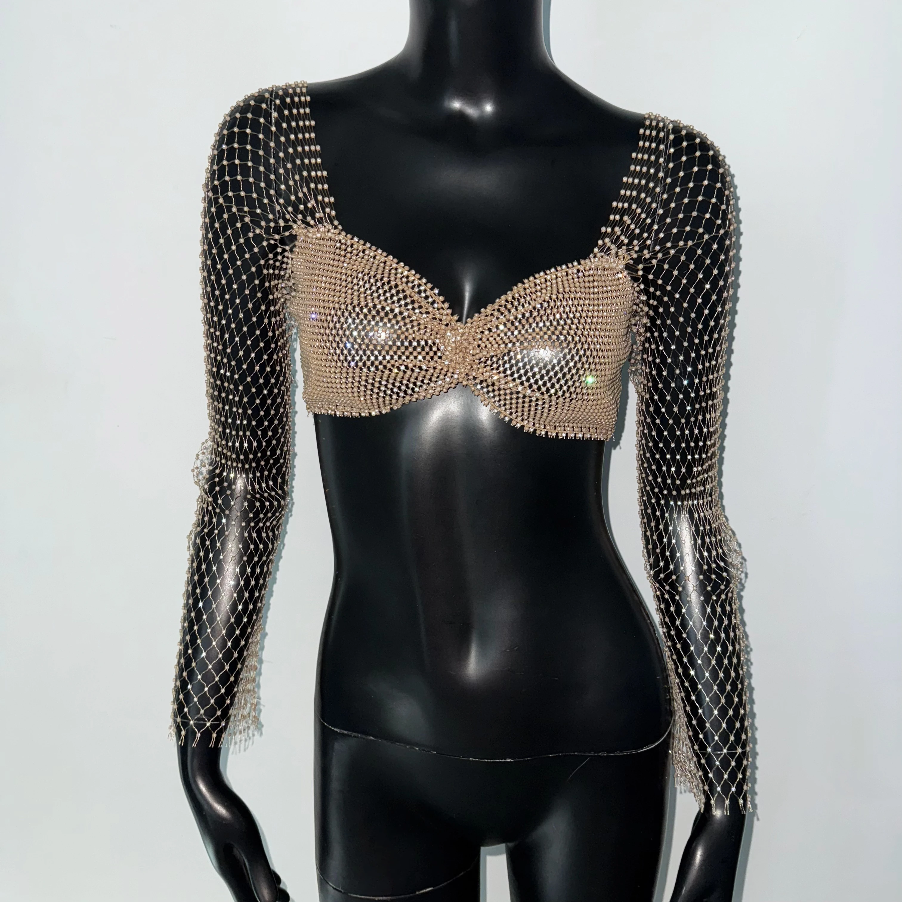 Elegant Rhinestone Mesh Long Sleeve Crop Top For Women Sexy Transparent Hollow Fishnet V Neck T Shirt Rave Beach Party Camisole