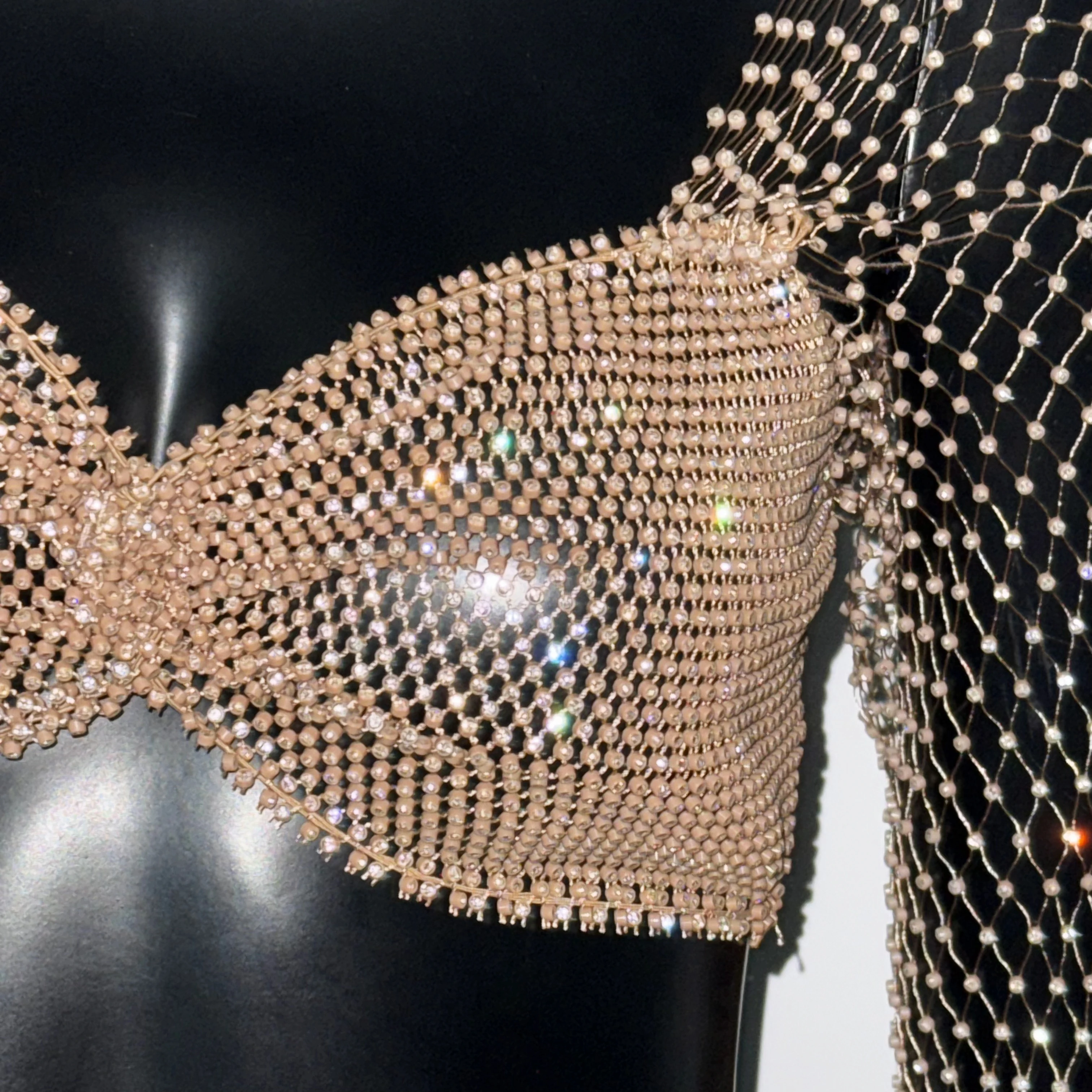 Elegant Rhinestone Mesh Long Sleeve Crop Top For Women Sexy Transparent Hollow Fishnet V Neck T Shirt Rave Beach Party Camisole