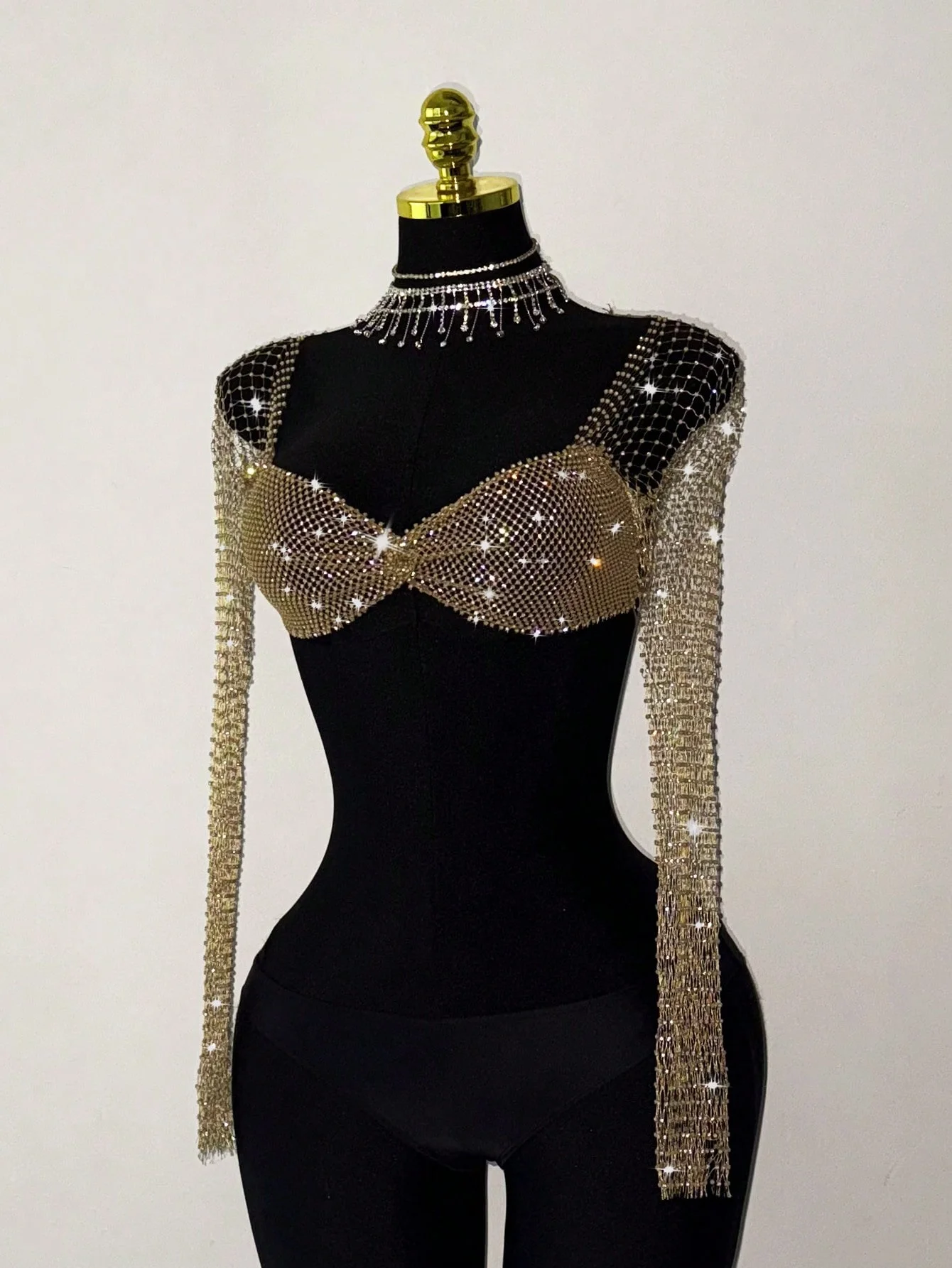 Elegant Rhinestone Mesh Long Sleeve Crop Top For Women Sexy Transparent Hollow Fishnet V Neck T Shirt Rave Beach Party Camisole