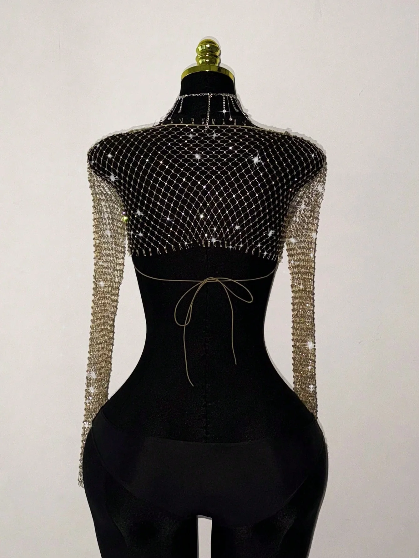 Elegant Rhinestone Mesh Long Sleeve Crop Top For Women Sexy Transparent Hollow Fishnet V Neck T Shirt Rave Beach Party Camisole