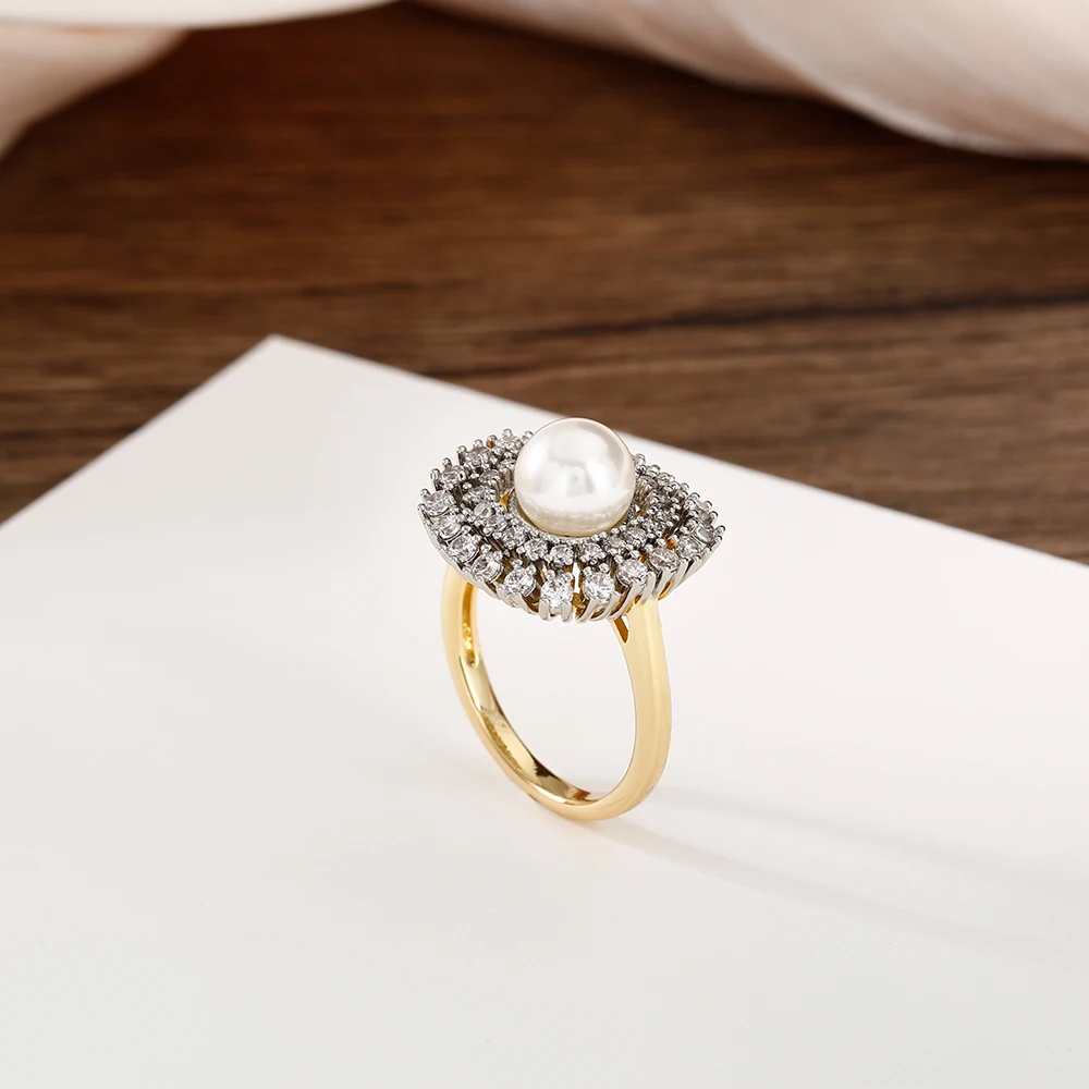 Women's Luxury Inlaid Zirconia Vintage Pearl Earrings Ring Set Copper Plated 14K Gold Fashion Jewelry Wedding Party Gift