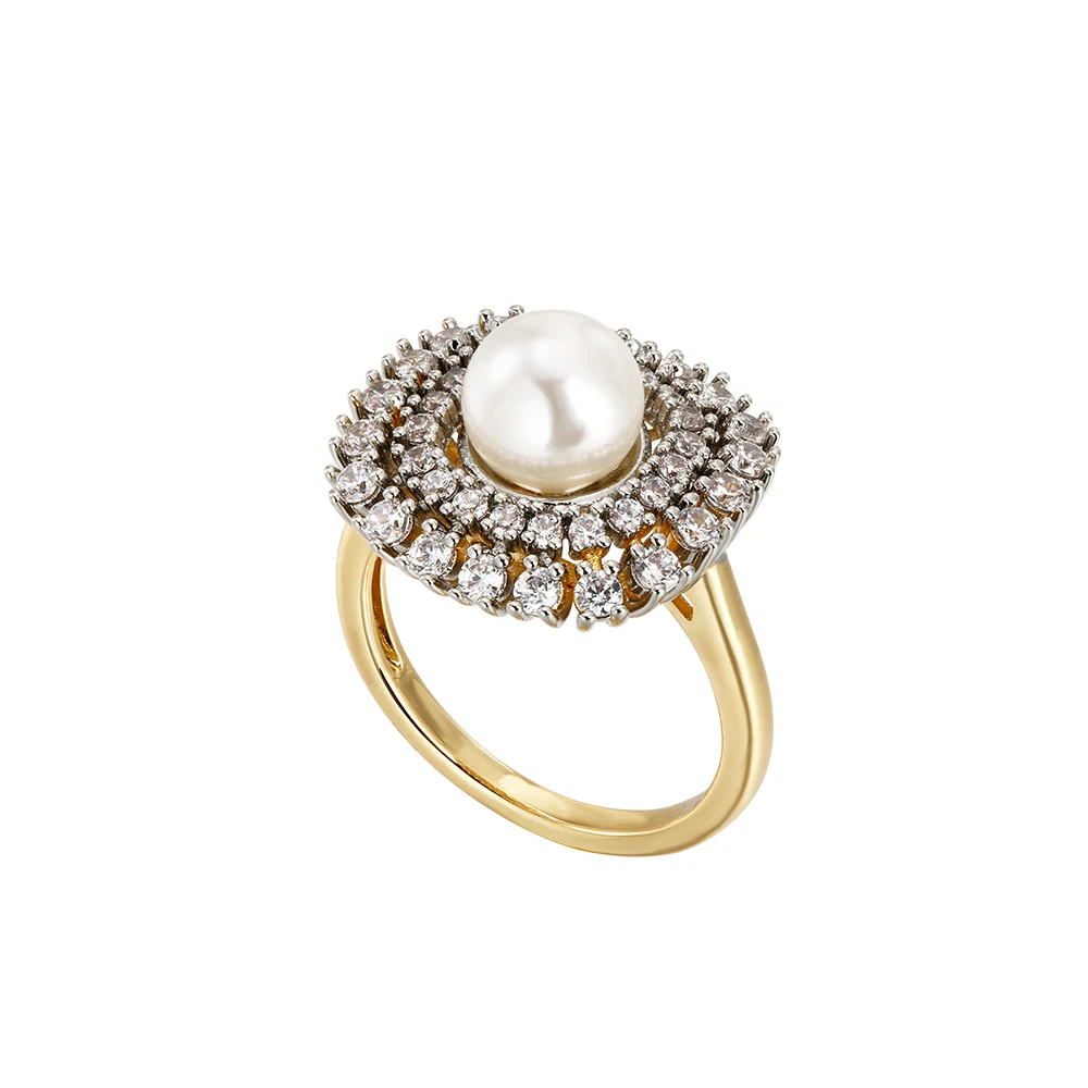 Women's Luxury Inlaid Zirconia Vintage Pearl Earrings Ring Set Copper Plated 14K Gold Fashion Jewelry Wedding Party Gift