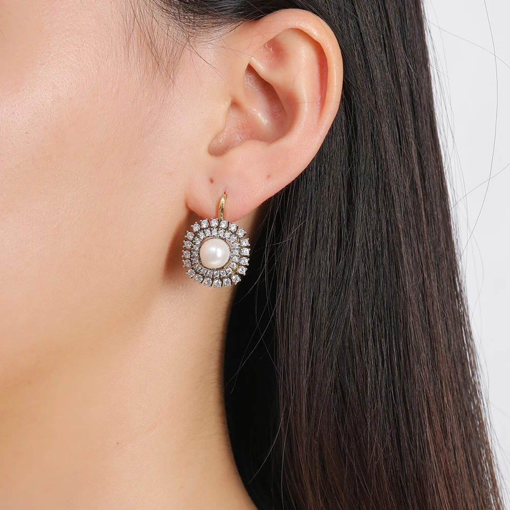 Women's Luxury Inlaid Zirconia Vintage Pearl Earrings Ring Set Copper Plated 14K Gold Fashion Jewelry Wedding Party Gift