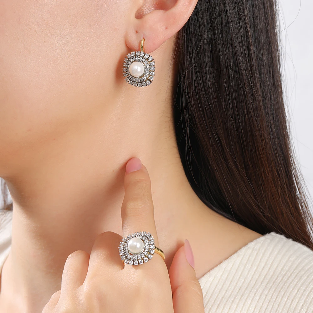 Women's Luxury Inlaid Zirconia Vintage Pearl Earrings Ring Set Copper Plated 14K Gold Fashion Jewelry Wedding Party Gift