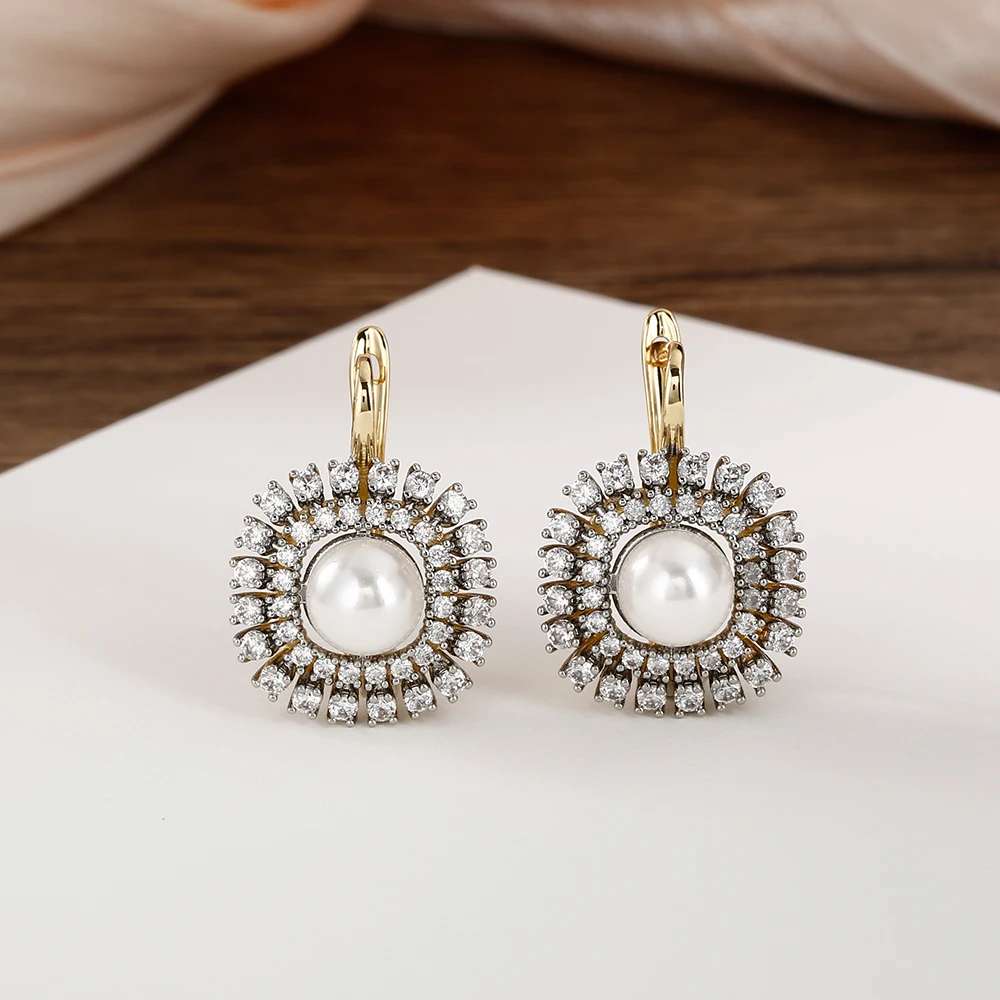 Women's Luxury Inlaid Zirconia Vintage Pearl Earrings Ring Set Copper Plated 14K Gold Fashion Jewelry Wedding Party Gift