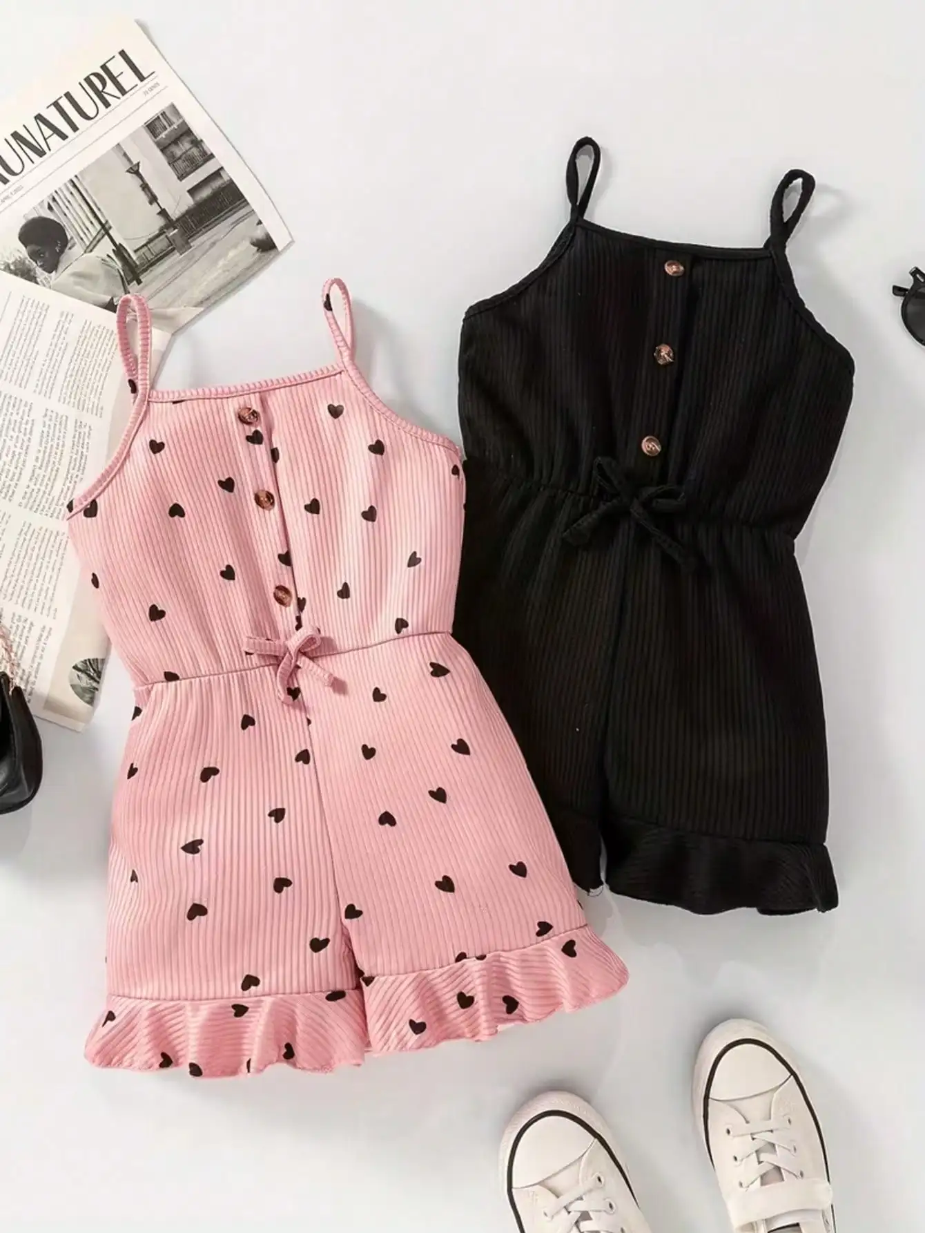 2pcs, 2026 girls' casual summer button up heart-shaped camisole jumpsuit, 2pcs in two colors. Suitable for outdoor travel