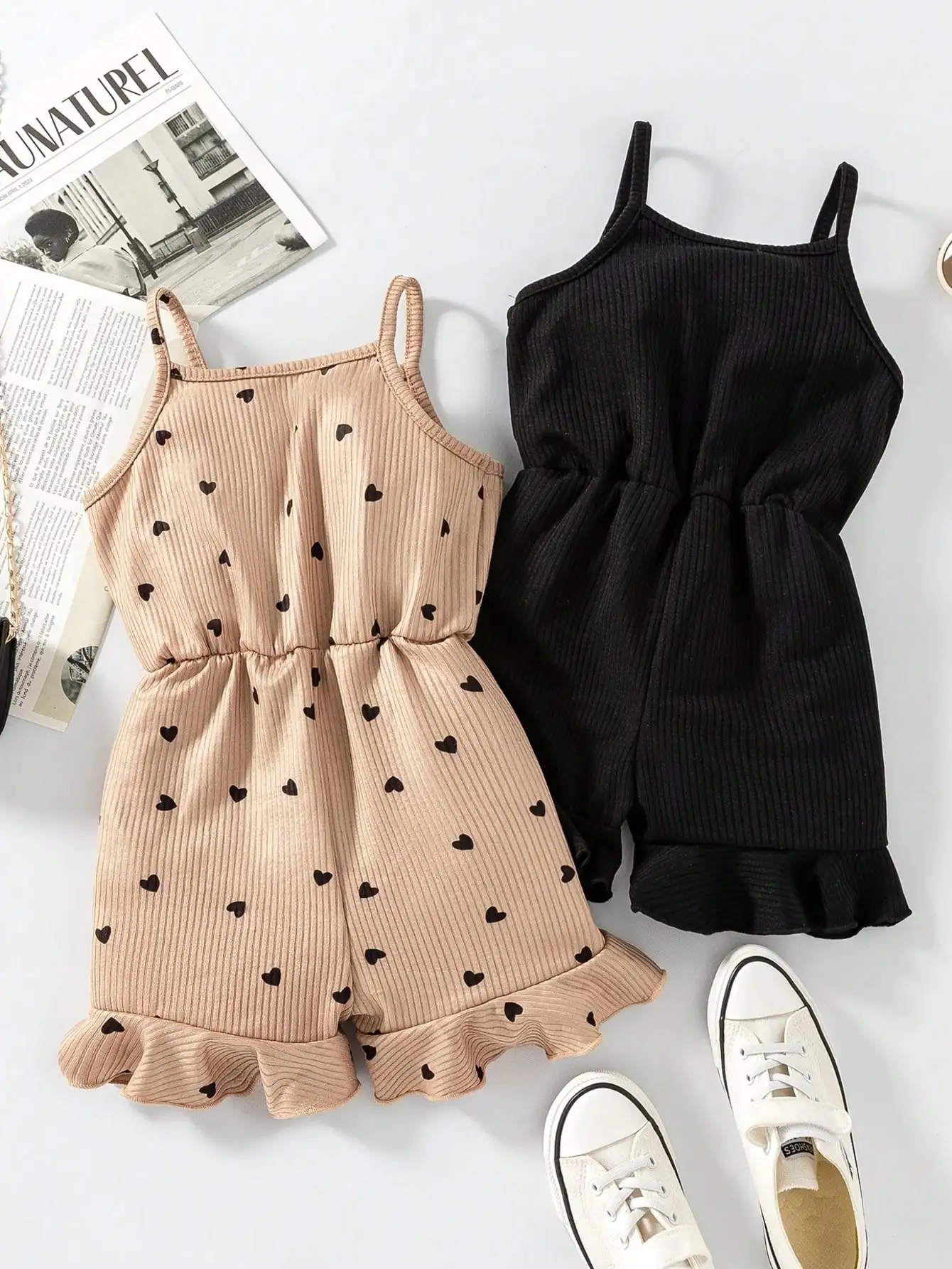 2pcs, 2026 girls' casual summer button up heart-shaped camisole jumpsuit, 2pcs in two colors. Suitable for outdoor travel