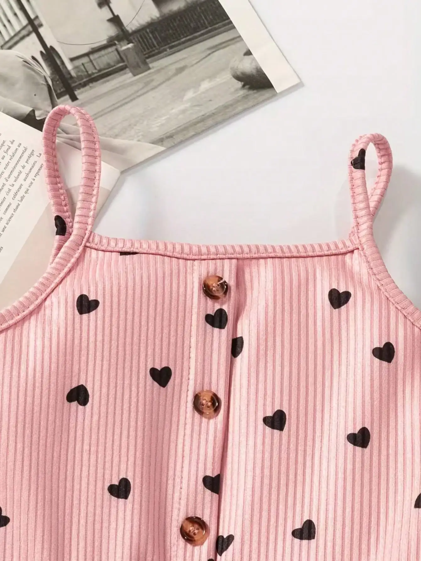 2pcs, 2026 girls' casual summer button up heart-shaped camisole jumpsuit, 2pcs in two colors. Suitable for outdoor travel
