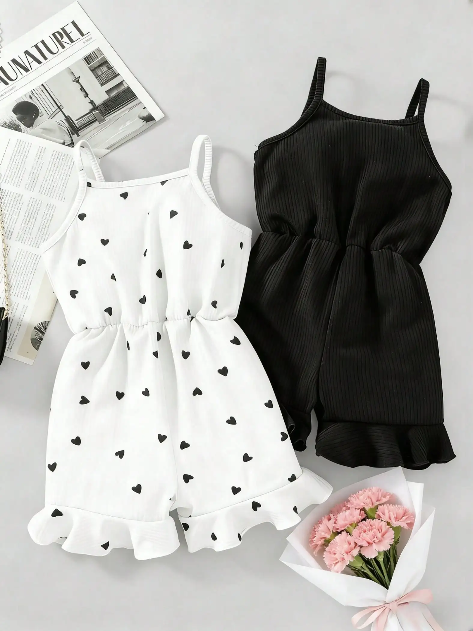 2pcs, 2026 girls' casual summer button up heart-shaped camisole jumpsuit, 2pcs in two colors. Suitable for outdoor travel