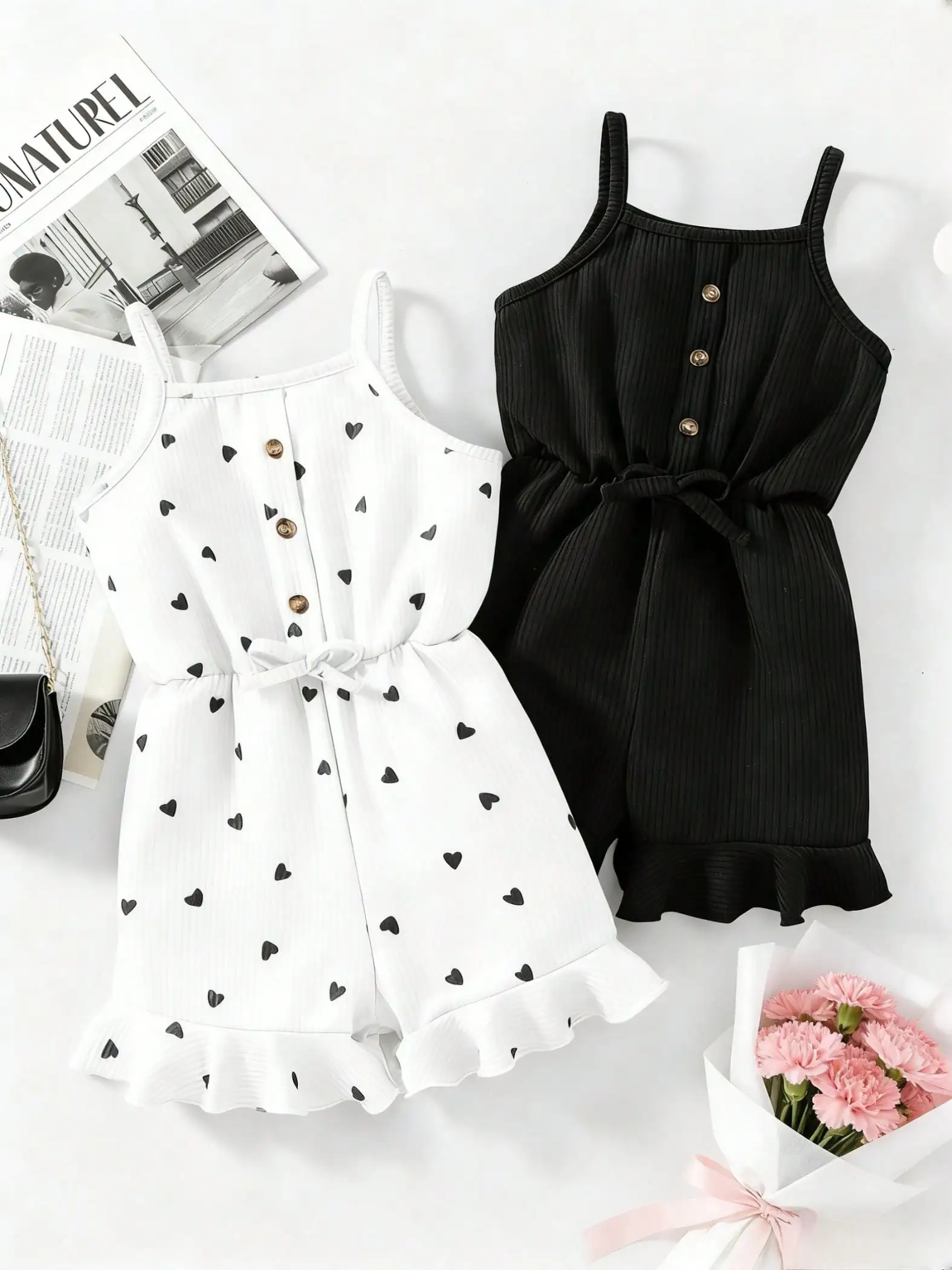 2pcs, 2026 girls' casual summer button up heart-shaped camisole jumpsuit, 2pcs in two colors. Suitable for outdoor travel