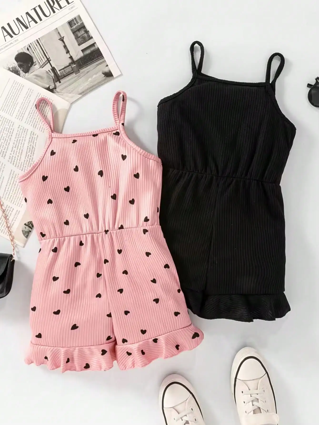 2pcs, 2026 girls' casual summer button up heart-shaped camisole jumpsuit, 2pcs in two colors. Suitable for outdoor travel