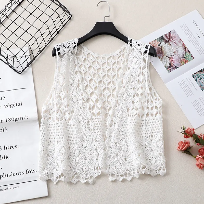 Crochet Vests Women Sleeveless Hollow-Out Open-up Lace Top Open-stitch Knit Waistcoat Spring Summer 2026 Bohemian Vintage