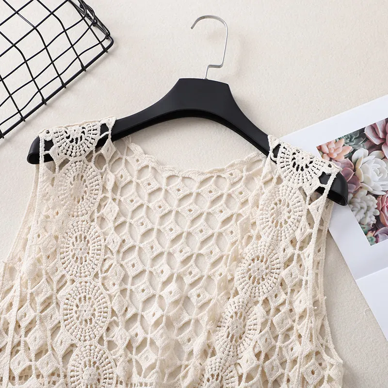 Crochet Vests Women Sleeveless Hollow-Out Open-up Lace Top Open-stitch Knit Waistcoat Spring Summer 2026 Bohemian Vintage