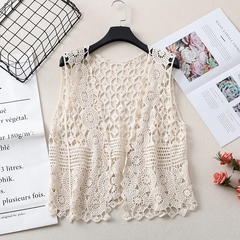 Crochet Vests Women Sleeveless Hollow-Out Open-up Lace Top Open-stitch Knit Waistcoat Spring Summer 2026 Bohemian Vintage
