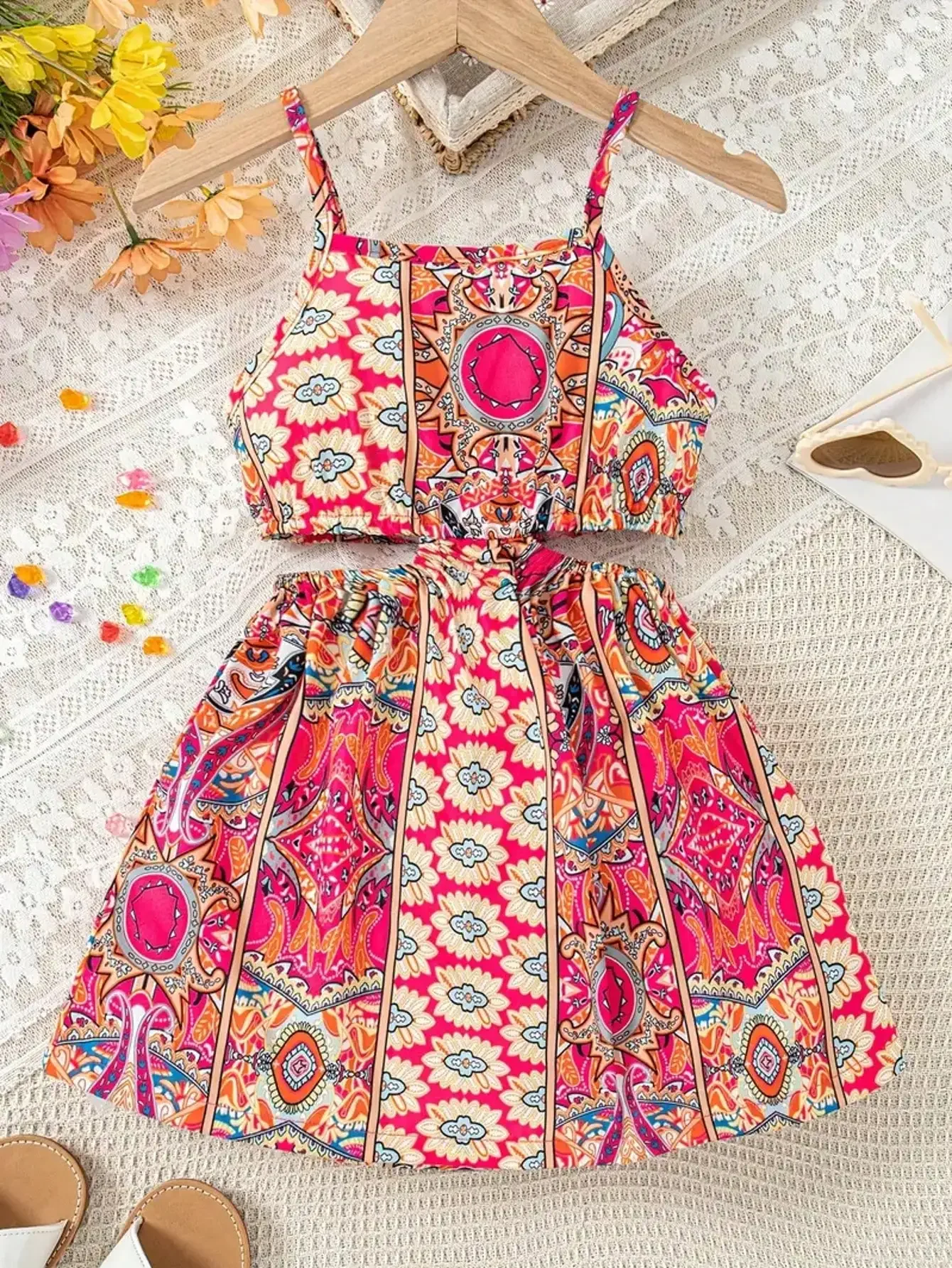 2026 Girls' Summer Fashion Dress, Casual Love Pattern, Breathable Sleeveless Square Neck (No Accessories)