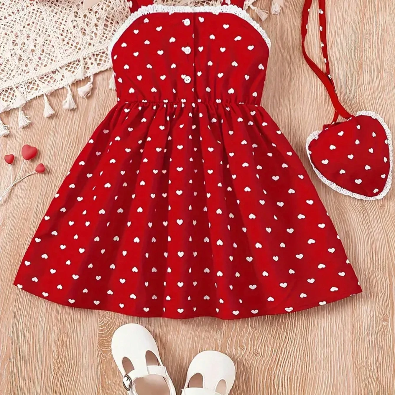 2026 Girls' Summer Fashion Dress, Casual Love Pattern, Breathable Sleeveless Square Neck (No Accessories)