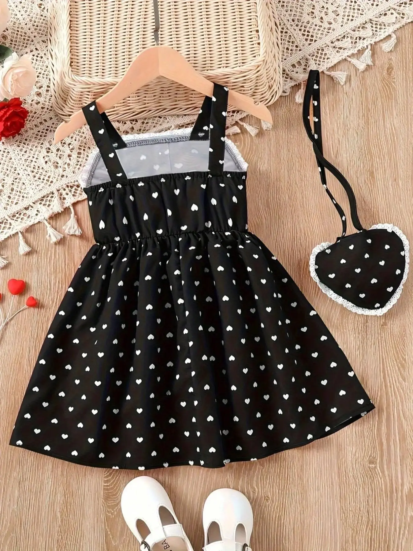 2026 Girls' Summer Fashion Dress, Casual Love Pattern, Breathable Sleeveless Square Neck (No Accessories)