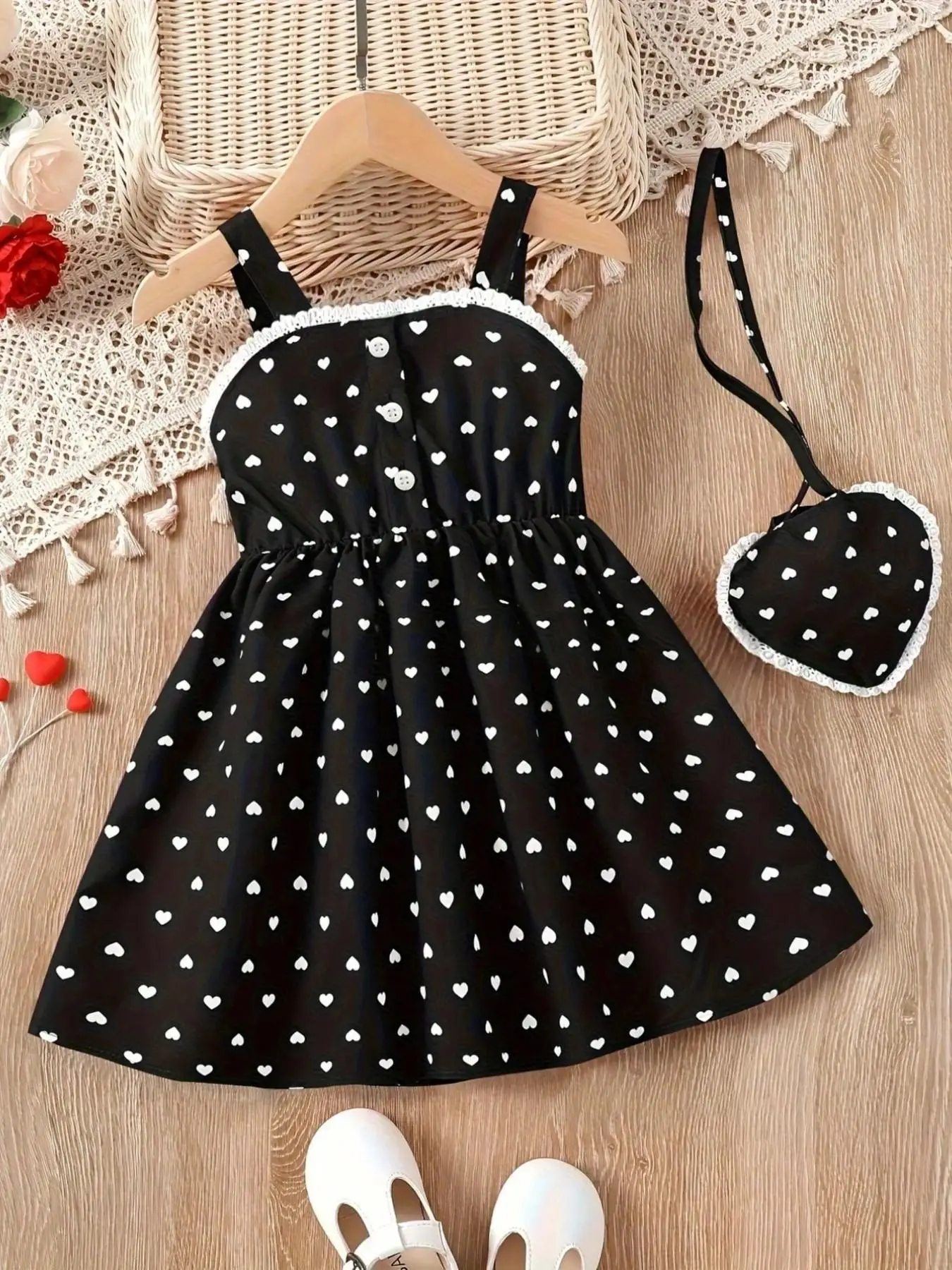 2026 Girls' Summer Fashion Dress, Casual Love Pattern, Breathable Sleeveless Square Neck (No Accessories)