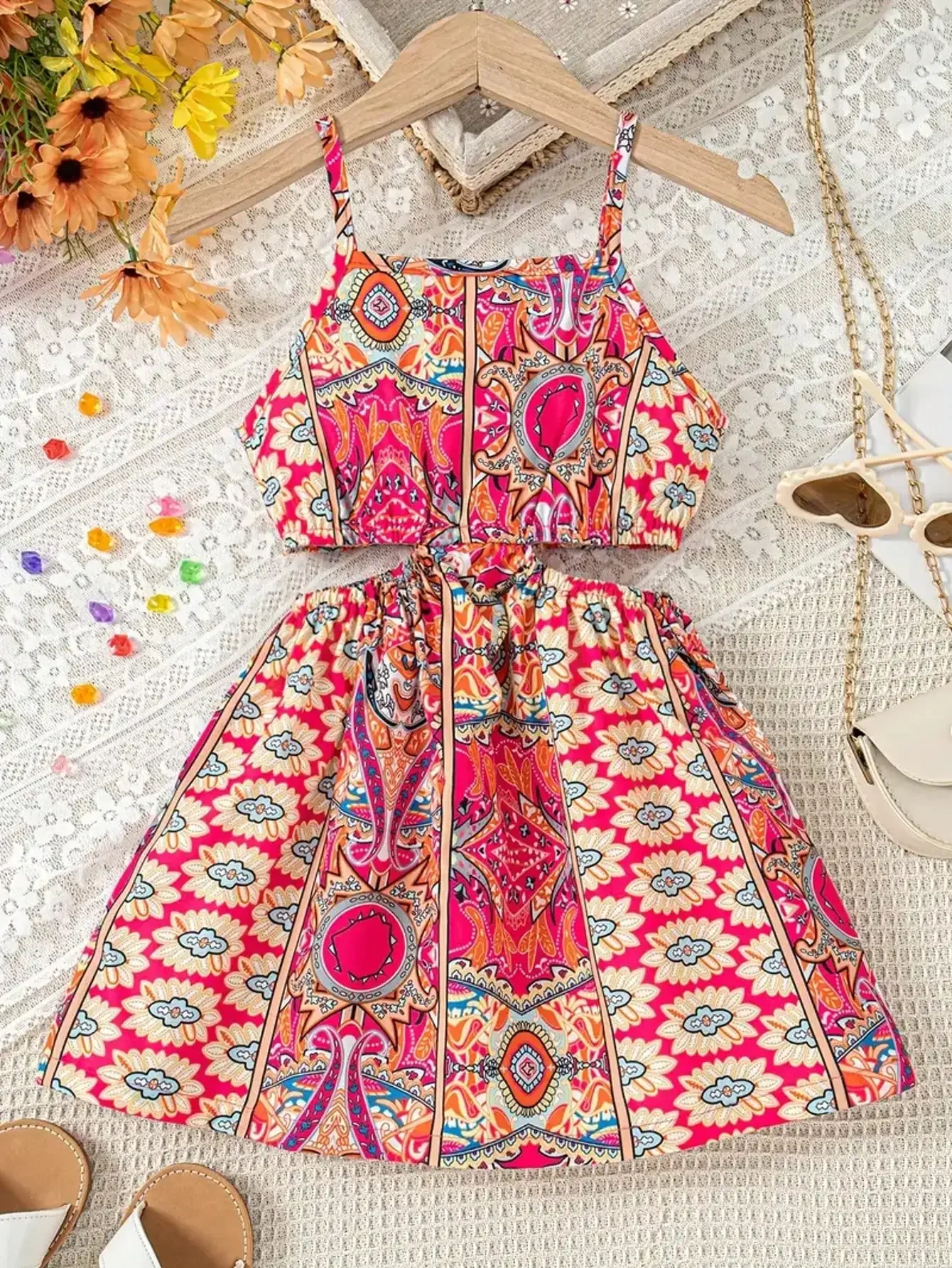 2026 Girls' Summer Fashion Dress, Casual Love Pattern, Breathable Sleeveless Square Neck (No Accessories)
