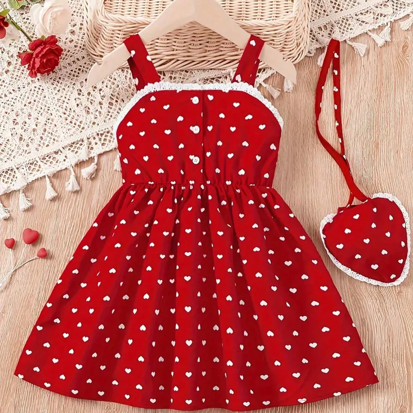 2026 Girls' Summer Fashion Dress, Casual Love Pattern, Breathable Sleeveless Square Neck (No Accessories)