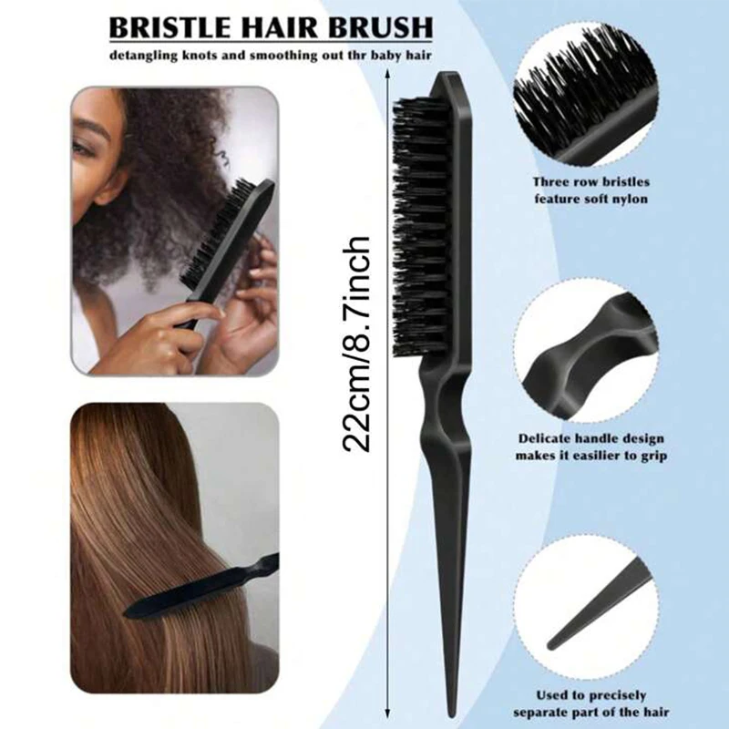 4pcs Bristle Slick Back Hair Brush for Sleek Ponytail Bun & Smoothing Hairs, Flyaways, Edge Control - Backcombing & Teasing