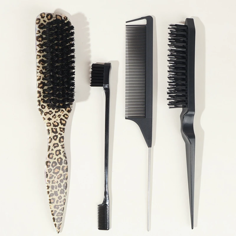 4pcs Bristle Slick Back Hair Brush for Sleek Ponytail Bun & Smoothing Hairs, Flyaways, Edge Control - Backcombing & Teasing