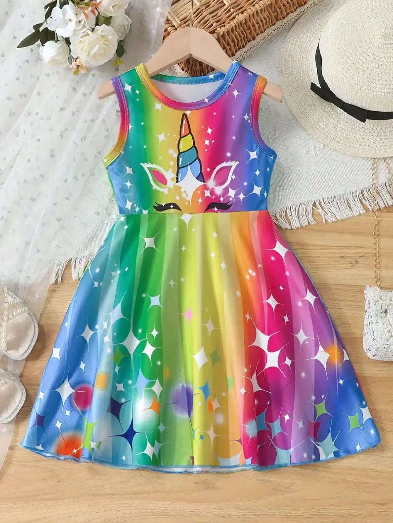 2026 Girls' Casual Spring/Summer Autumn Dream Unicorn Printed Sleeveless Round Neck Dress, Colorful Sleeveless Dress