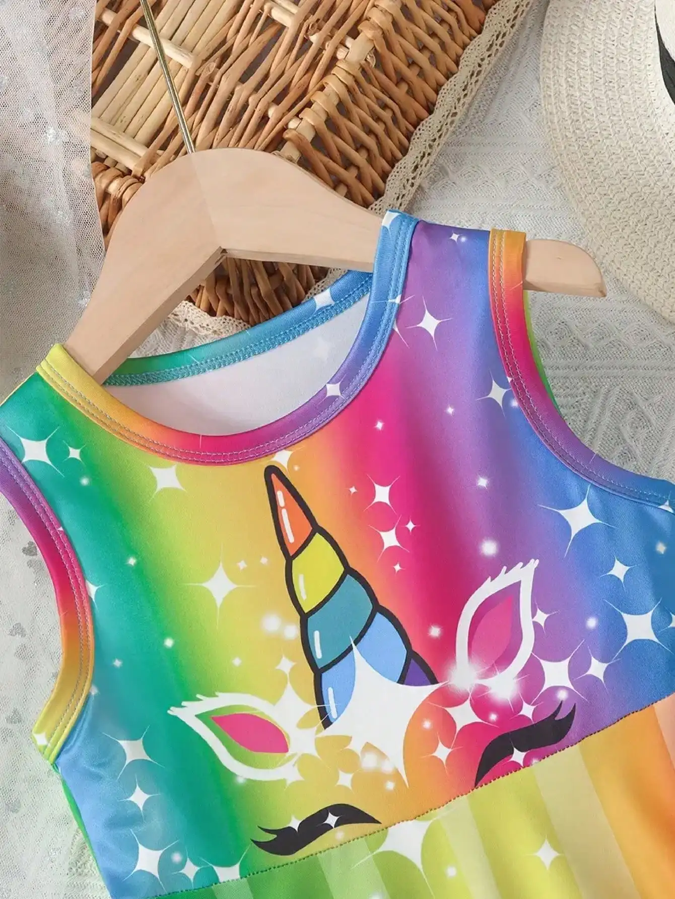 2026 Girls' Casual Spring/Summer Autumn Dream Unicorn Printed Sleeveless Round Neck Dress, Colorful Sleeveless Dress
