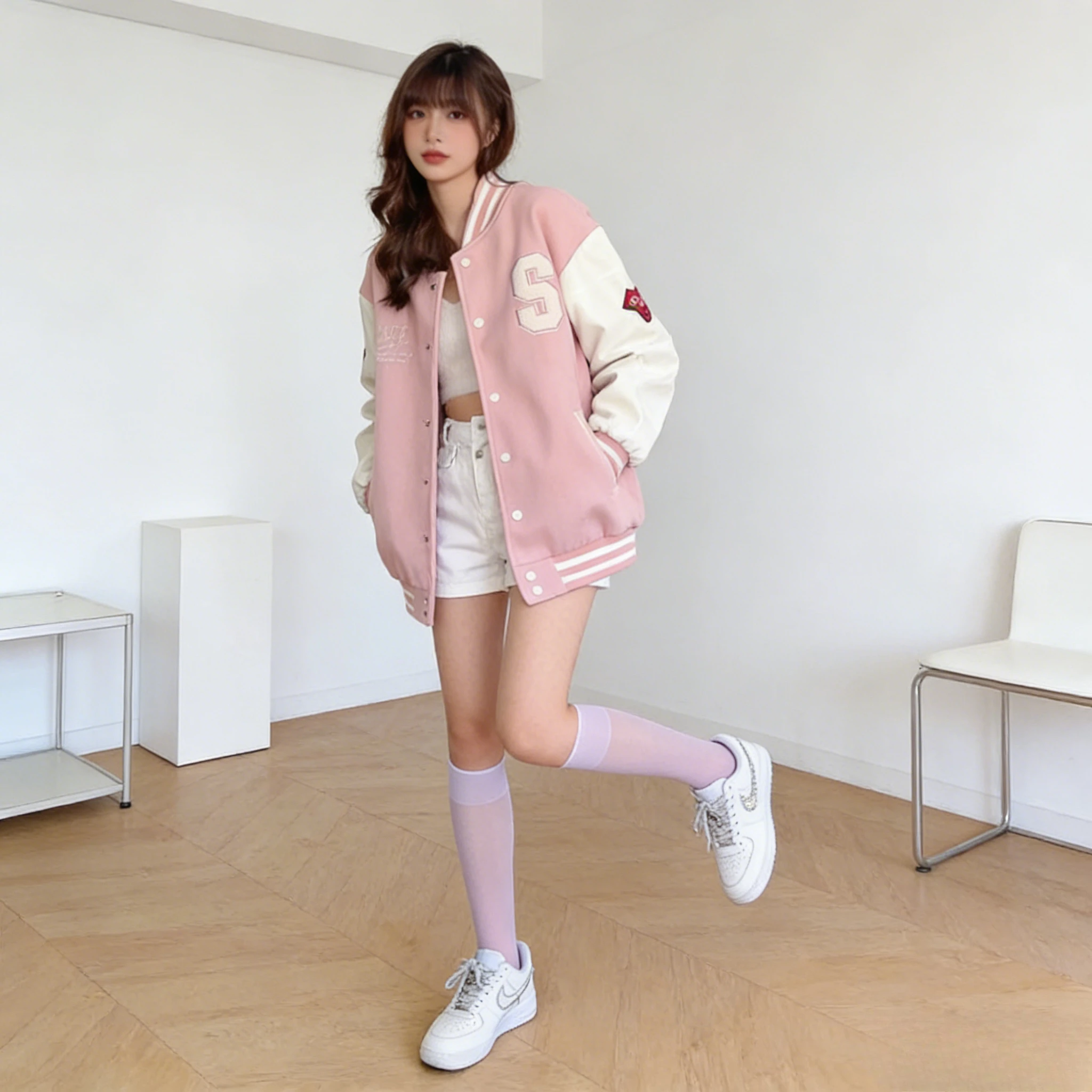 Women's Vintage Preppy-Style Fleece-Lined Pink Baseball Jacket – Versatile, Thick-Knit Cardigan Women's Clothing