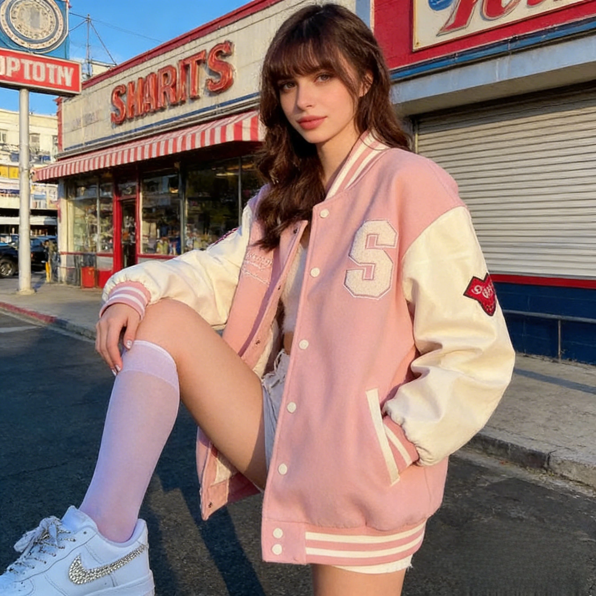 Women's Vintage Preppy-Style Fleece-Lined Pink Baseball Jacket – Versatile, Thick-Knit Cardigan Women's Clothing