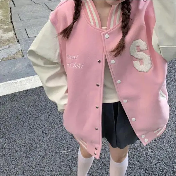 Women's Vintage Preppy-Style Fleece-Lined Pink Baseball Jacket – Versatile, Thick-Knit Cardigan Women's Clothing