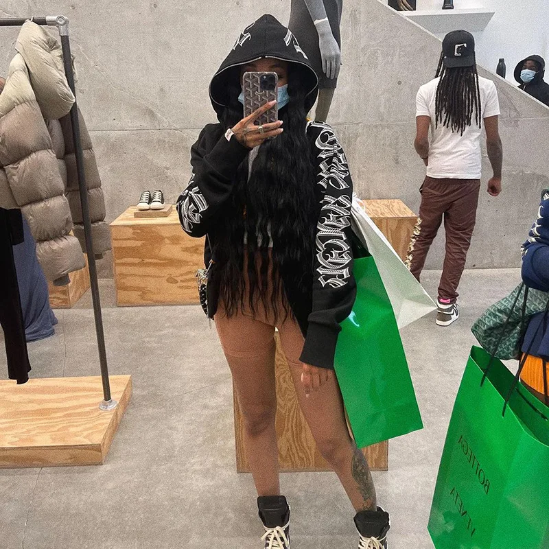 Fashion Women's Monochrome Monogrammed Kepeng Hoodie Long-Sleeved Sweater Autumn New Europe And the United States Style