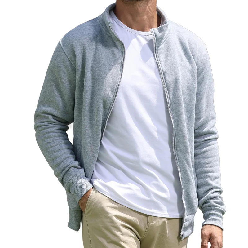 Men's Full Zip Hooded Sweatshirt Casual Solid Color Long Sleeve Cardigan Lightweight Spring Hoodie Modern Streetwear Jacket