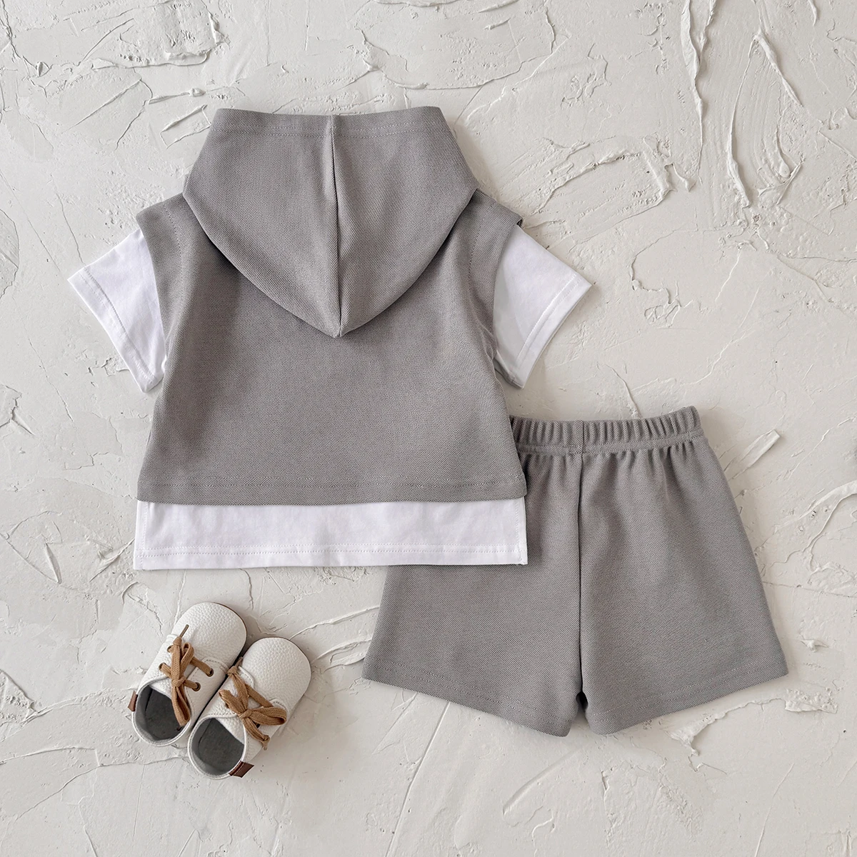 2Pcs Toddler Baby Boy Outfits Summer Short Sleeve Hooded Letter Print Knit Tops and Elastic Waist Shorts Set