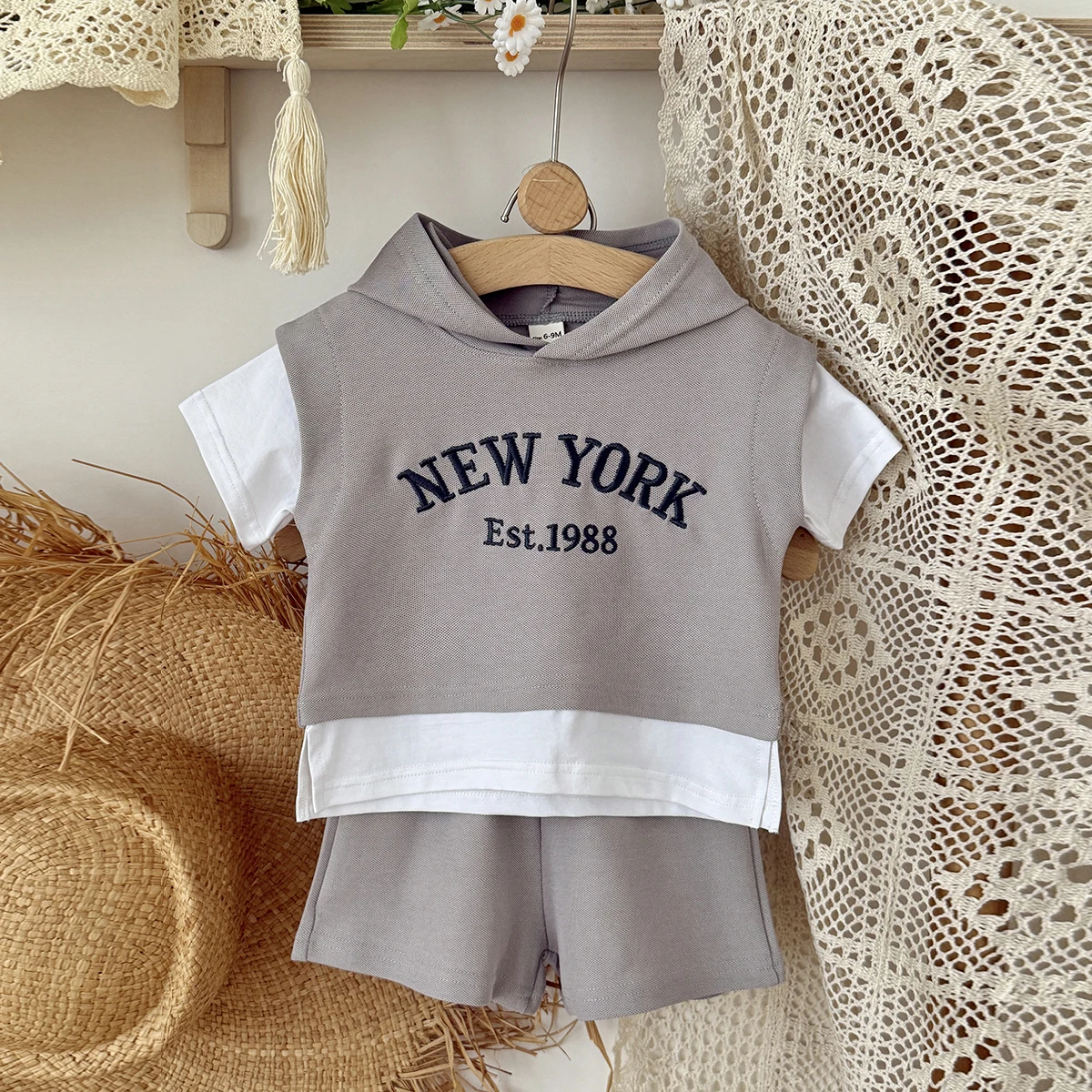 2Pcs Toddler Baby Boy Outfits Summer Short Sleeve Hooded Letter Print Knit Tops and Elastic Waist Shorts Set