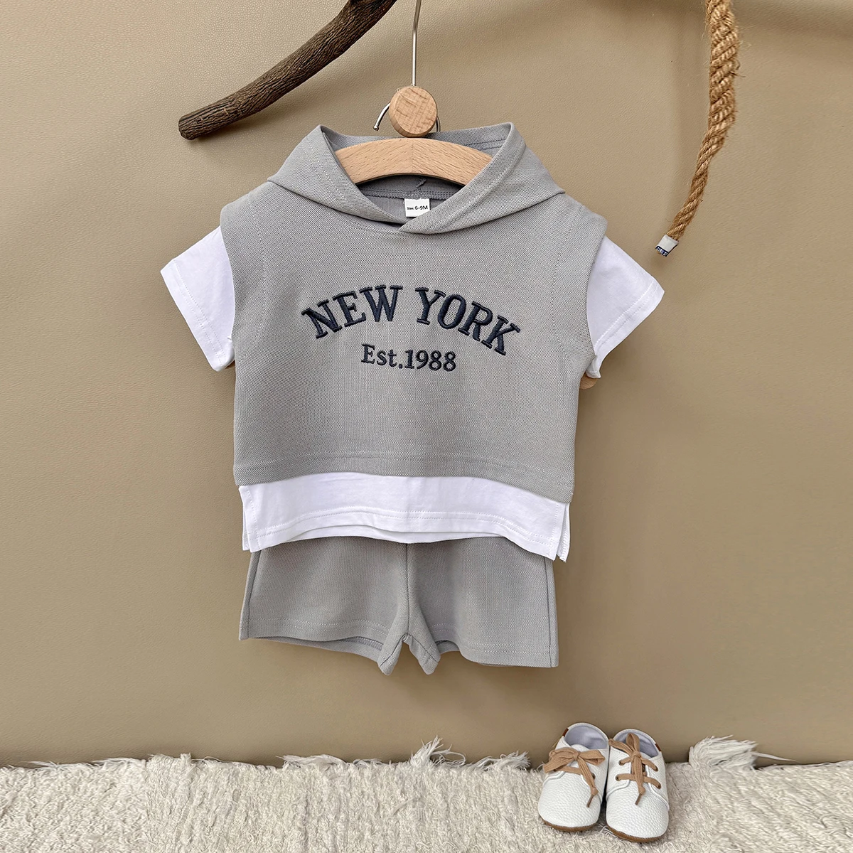 2Pcs Toddler Baby Boy Outfits Summer Short Sleeve Hooded Letter Print Knit Tops and Elastic Waist Shorts Set