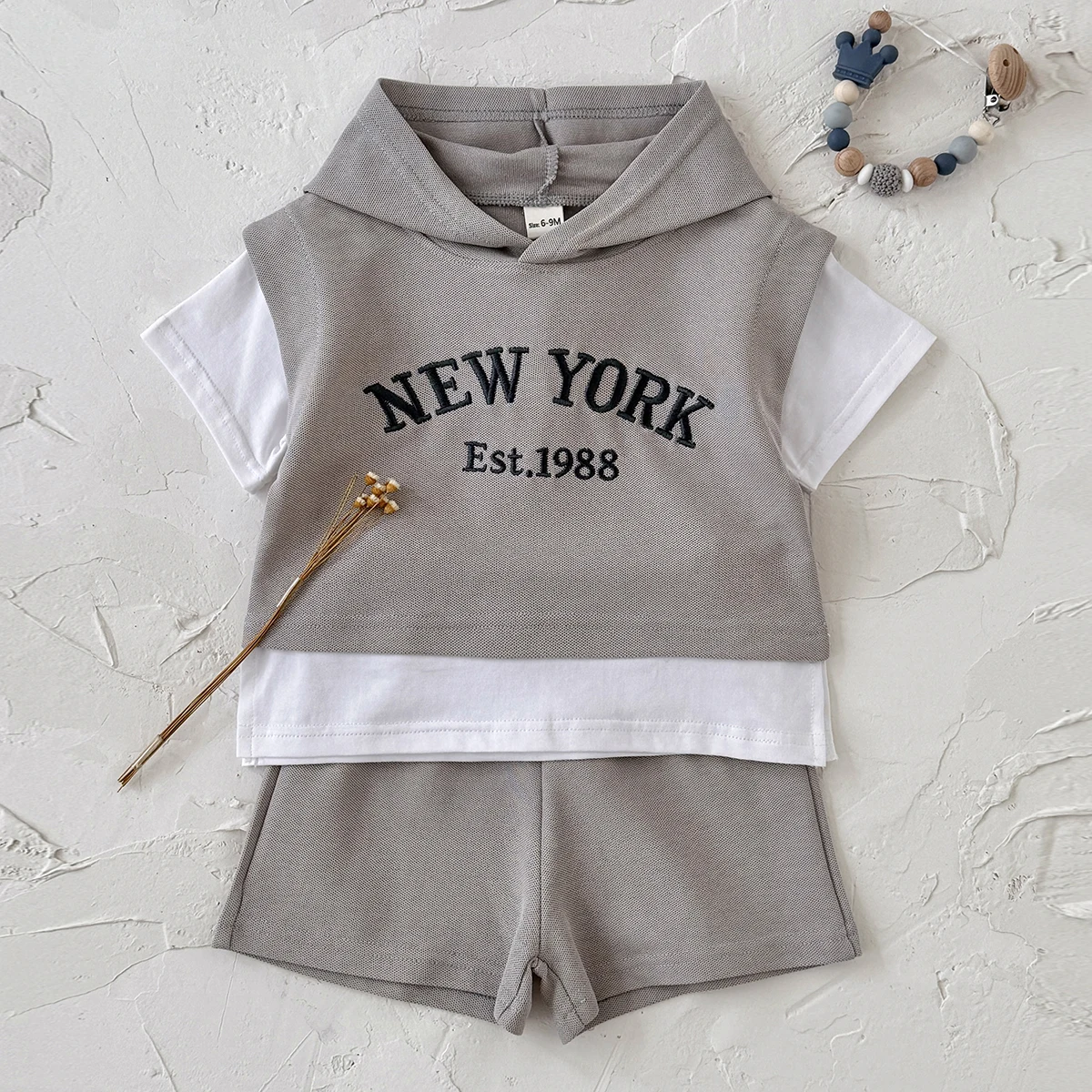 2Pcs Toddler Baby Boy Outfits Summer Short Sleeve Hooded Letter Print Knit Tops and Elastic Waist Shorts Set