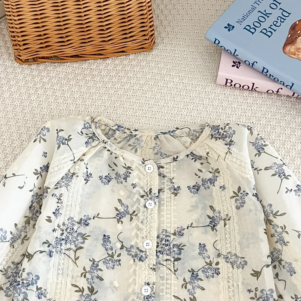 Kids Clothes Girls Spring Fashion Floral Jacquard Chiffon Long-sleeved Top + Wide-leg Pants Sets Children's Daily Casual Wear