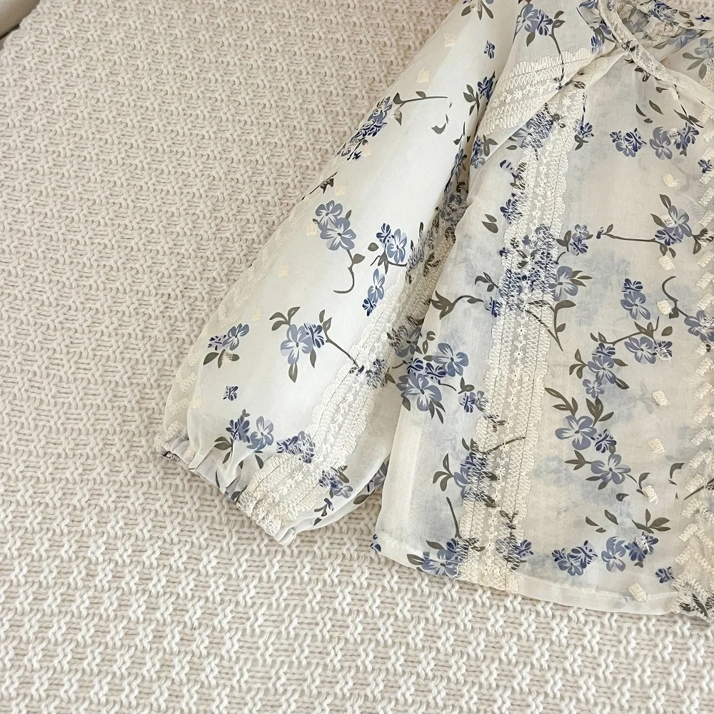 Kids Clothes Girls Spring Fashion Floral Jacquard Chiffon Long-sleeved Top + Wide-leg Pants Sets Children's Daily Casual Wear