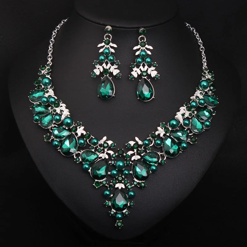Five-color crystal precious stone necklace and earrings set - bridal banquet women's accessories