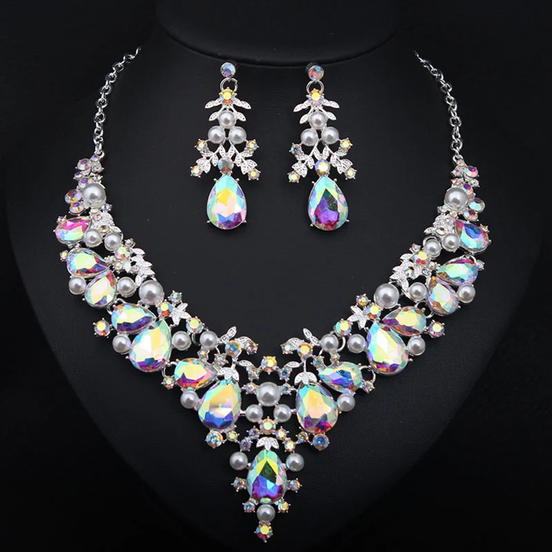 Five-color crystal precious stone necklace and earrings set - bridal banquet women's accessories