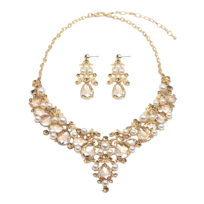 Five-color crystal precious stone necklace and earrings set - bridal banquet women's accessories
