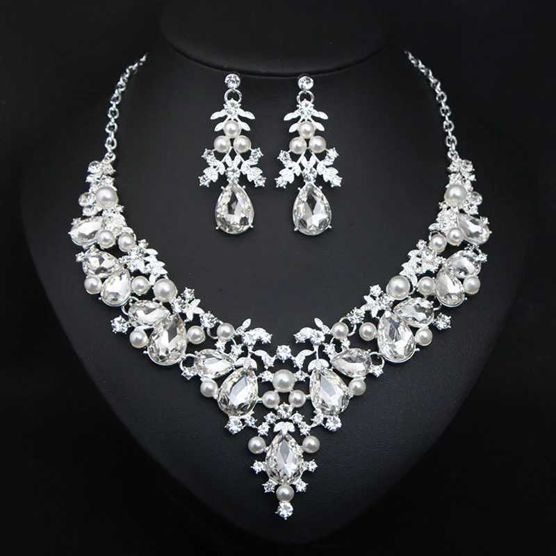 Five-color crystal precious stone necklace and earrings set - bridal banquet women's accessories