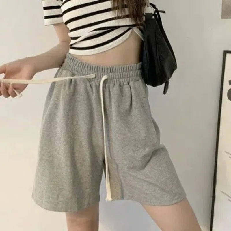 Cotton Grey Five Quarter Pants for Women, Summer Loose Casual Shorts, Sports Style High Waisted Wide Leg Pants