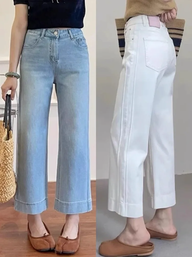 Women High Waist Wide Leg Pants Casual Loose Trousers Summer Solid Color Straight Fit Pocketed Ankle-Length Jeans